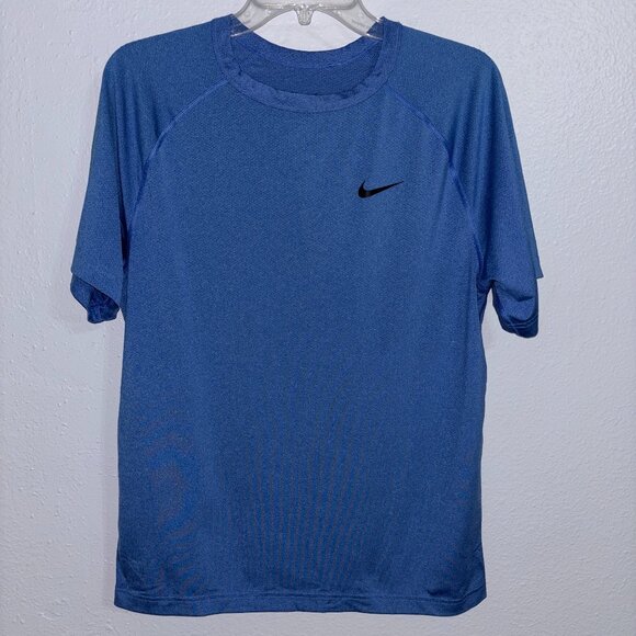 Nike Dri-Fit Blue Athletic T-Shirt Small Swoosh Logo Short Sleeve Training Top - Picture 1 of 8